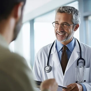 Lekarz rozmawia z uśmiechem na twarzy z pacjentem